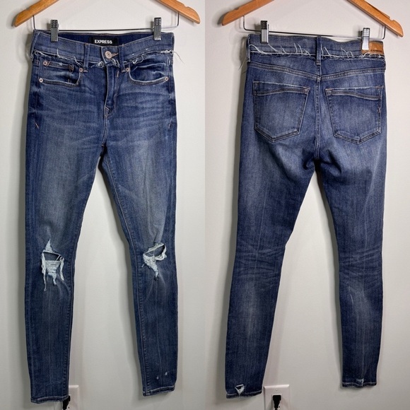 Express Blue Denim Women’s Distressed Mid-Rise Stretch Jeans (00R) - Picture 1 of 11